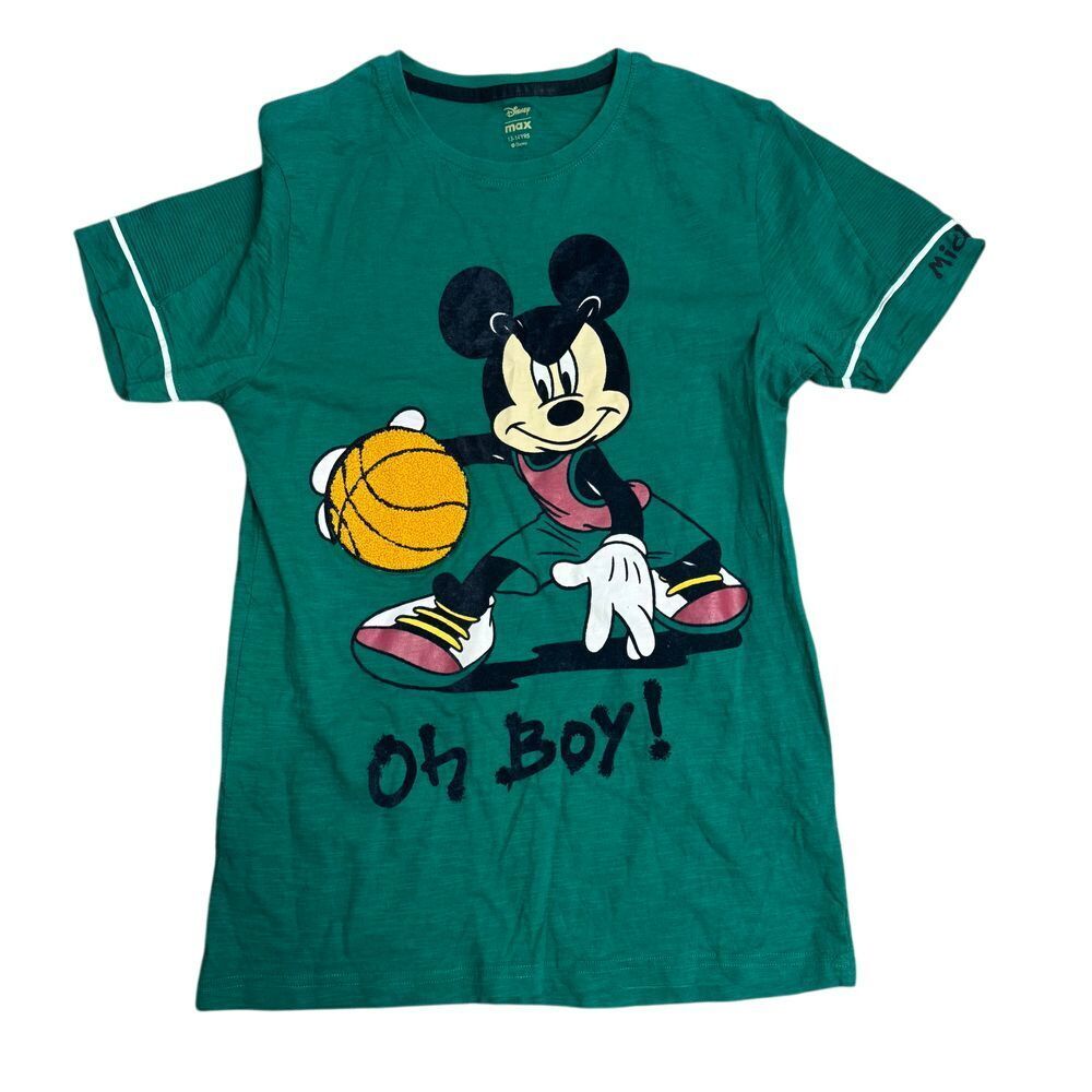 Disney‎ Max Mickey Mouse Basketball T-Shirt Green Sports Graphic Tee Youth 13/14